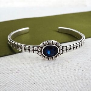 Single Stone Silver Cuff Bracelet, 925 Silver, Blue Sapphire Crystal. NWT